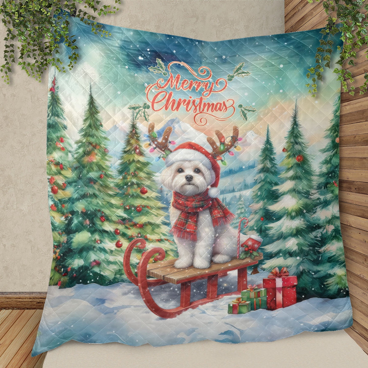 Merry Christmas Santa Reindeer Antlers French Bulldog Sleigh Xmas Winter Holiday Quilt Bedding Set Dog Lover Gifts 1 Blanket Bed Cover 2 Pillowcases - 00023