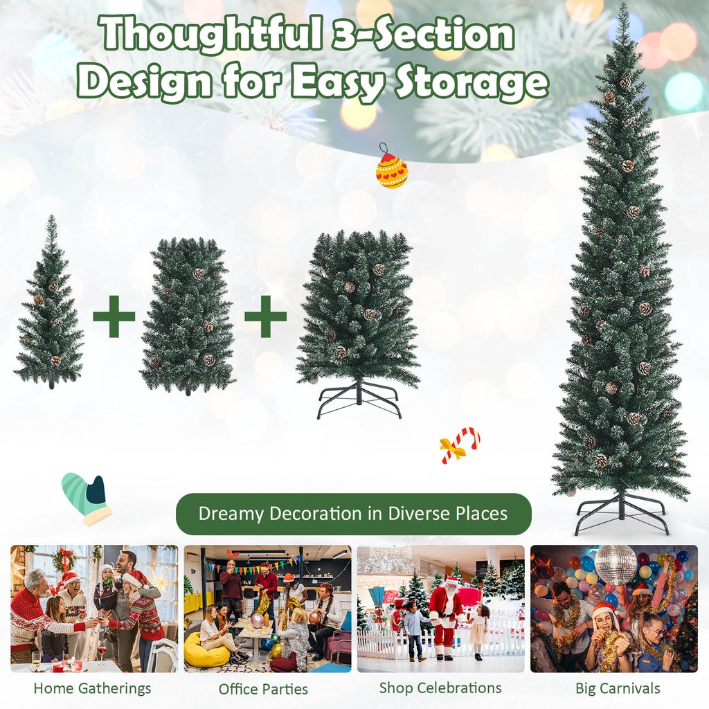 Topbuy 5FT Slim Pencil Tree Snowy Artificial Christmas Tree with 214 PVC Branch Tips & 25 Pine Cones Full Holiday Decoration Tree for Xmas