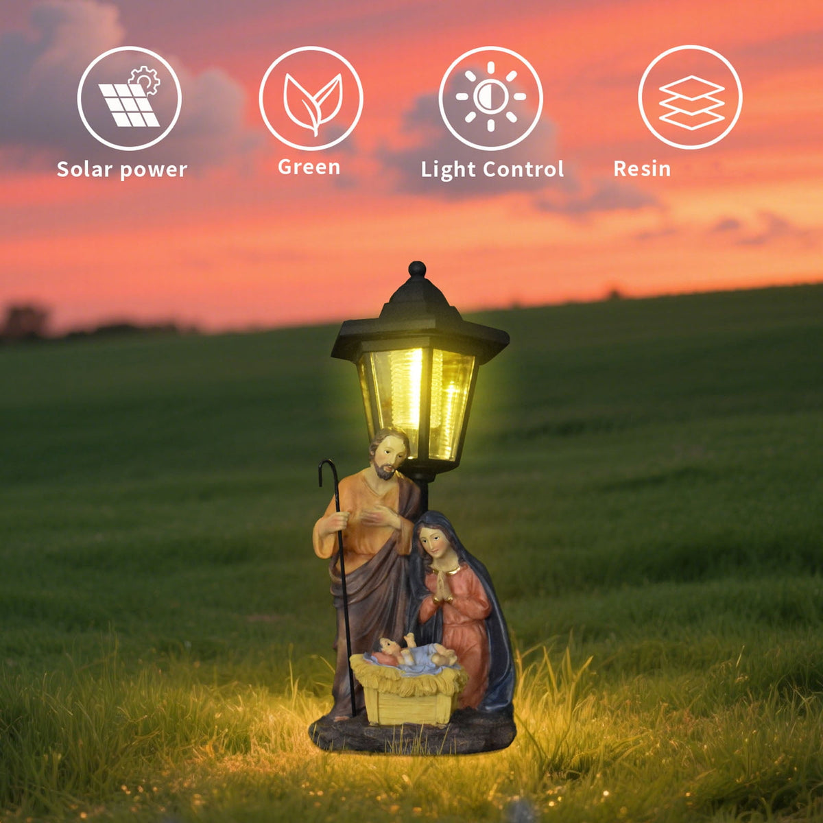Handcrafted Solar Operated Light Nativity Manger Scene Resins Ornament Christian Religious Outdoor Garden Lawns Decors