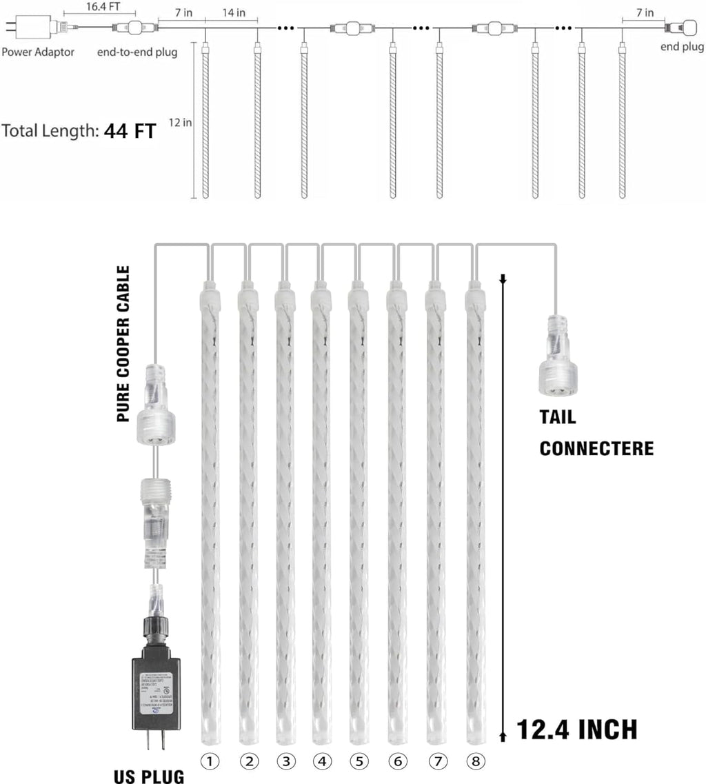 Morttic Christmas Light, Meteor Shower Rain Lights 12 Inch 8 Tubes, Waterproof Plug in Falling Rain Lights Christmas Decorations for Xmas Bushes Tree Yard Party Outdoor Decor (Cool White)
