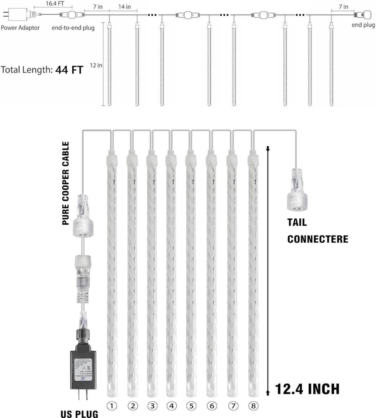 Morttic Christmas Light, Meteor Shower Rain Lights 12 Inch 8 Tubes, Waterproof Plug in Falling Rain Lights Christmas Decorations for Xmas Bushes Tree Yard Party Outdoor Decor (Cool White)
