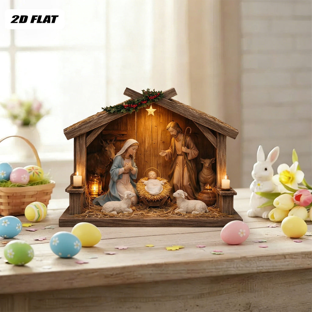 Nativity Scene Wooden Decor, Jesus Birth Manger Stable Sculpture for Christmas Home Church Decor
