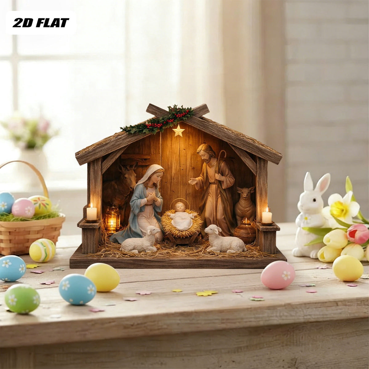 Nativity Scene Wooden Decor, Jesus Birth Manger Stable Sculpture for Christmas Home Church Decor