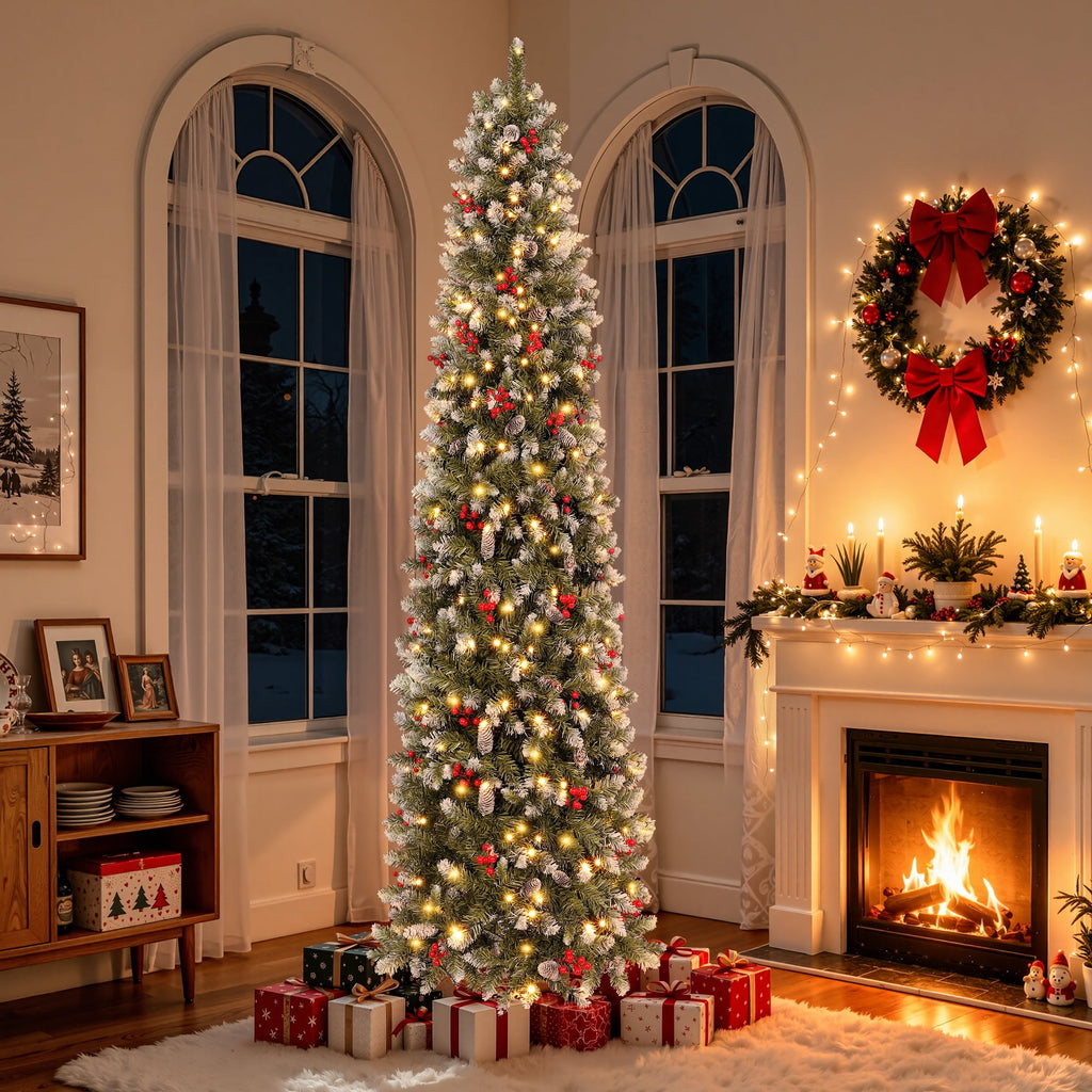 Aufeile 6ft Pencil Christmas Tree, Slim Pre-Lit Xmas Tree, 200 LED Lights, 600 Hinged Tips, Pine Cones, Berries, Metal Stand