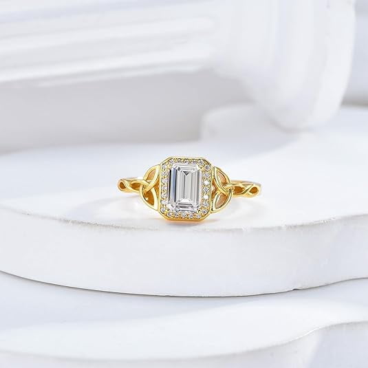 Gems & Jewels 14K Yellow Gold Plated 925 Sterling Silver 2.50 Ct Emerald Cut White Diamond Engagement Wedding Christmas Thanksgiving Halo Ring For Women's -5.5