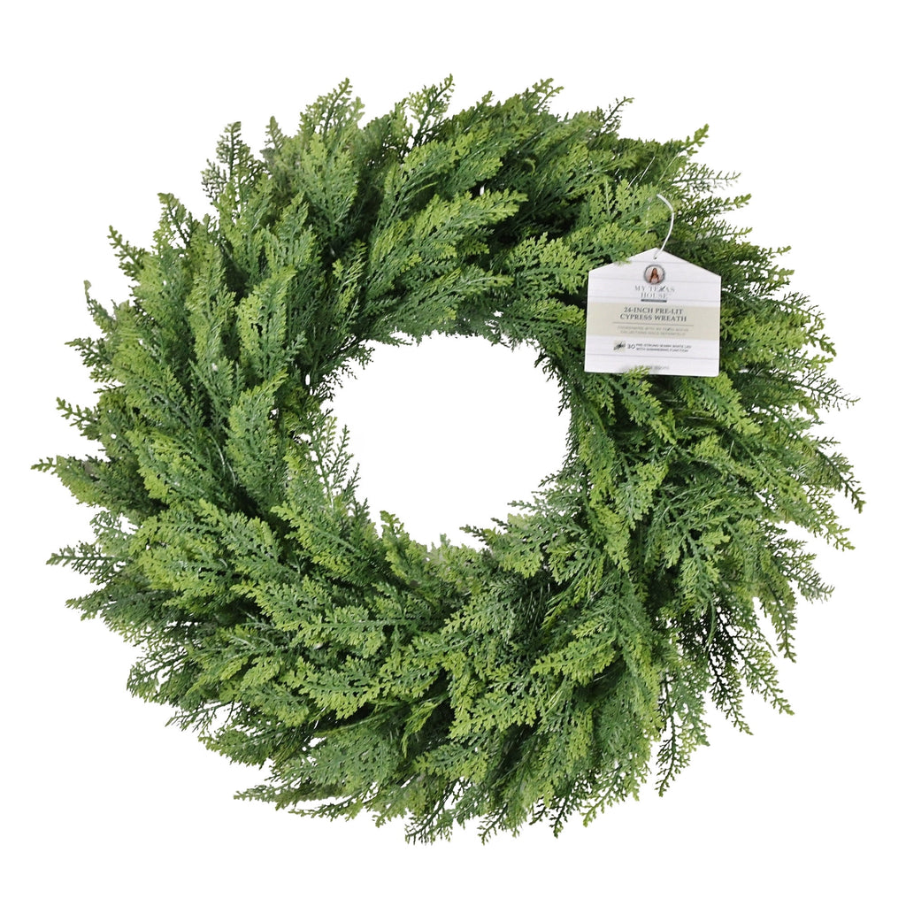 My Texas House Pre-Lit Cypress Artificial Christmas Wreath, Green, 24"