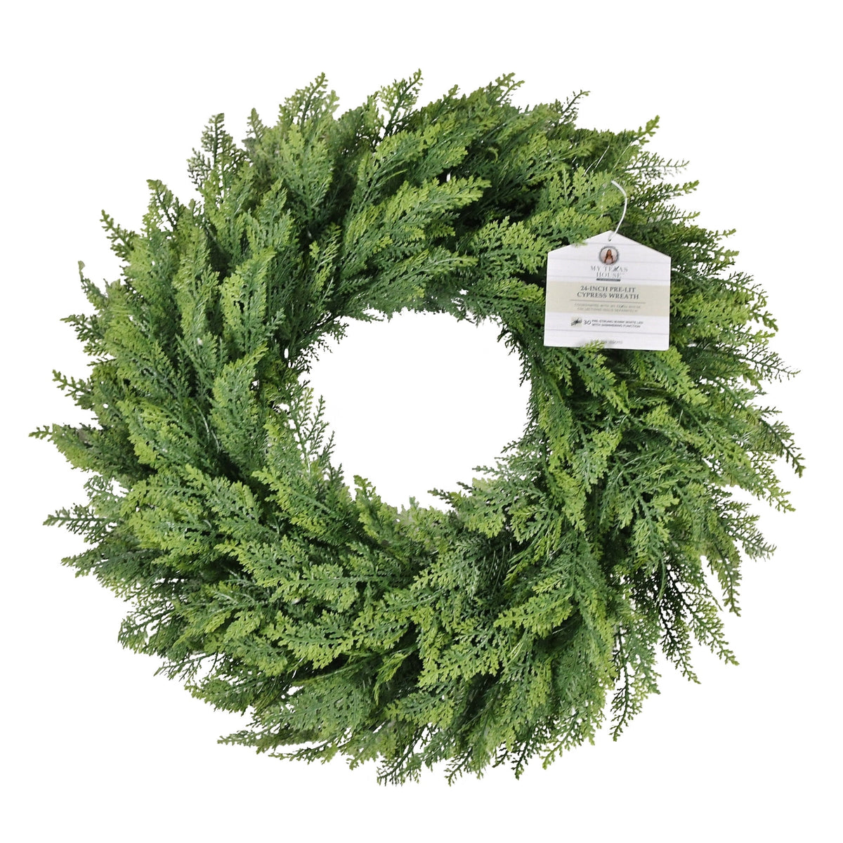 My Texas House Pre-Lit Cypress Artificial Christmas Wreath, Green, 24"