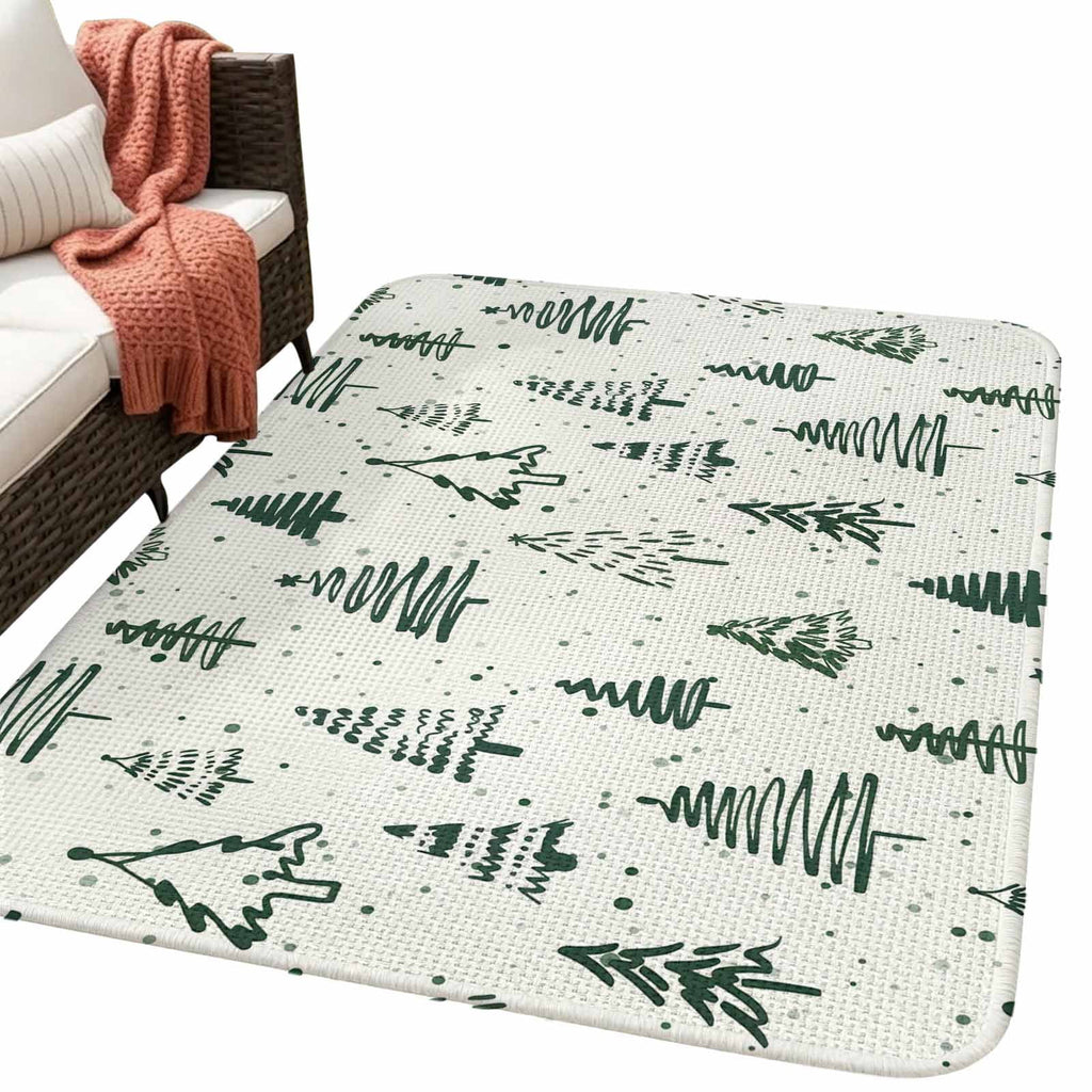 Large Area Rug 63"x78.7",Christmas Tree Absorbent Non Slip Indoor Outdoor Carpet,Xmas Green Cartoon Tree Snowflakes Farmhouse Low Profile Floor Rug Doormat for Living Room Dining Room Bedroom Office