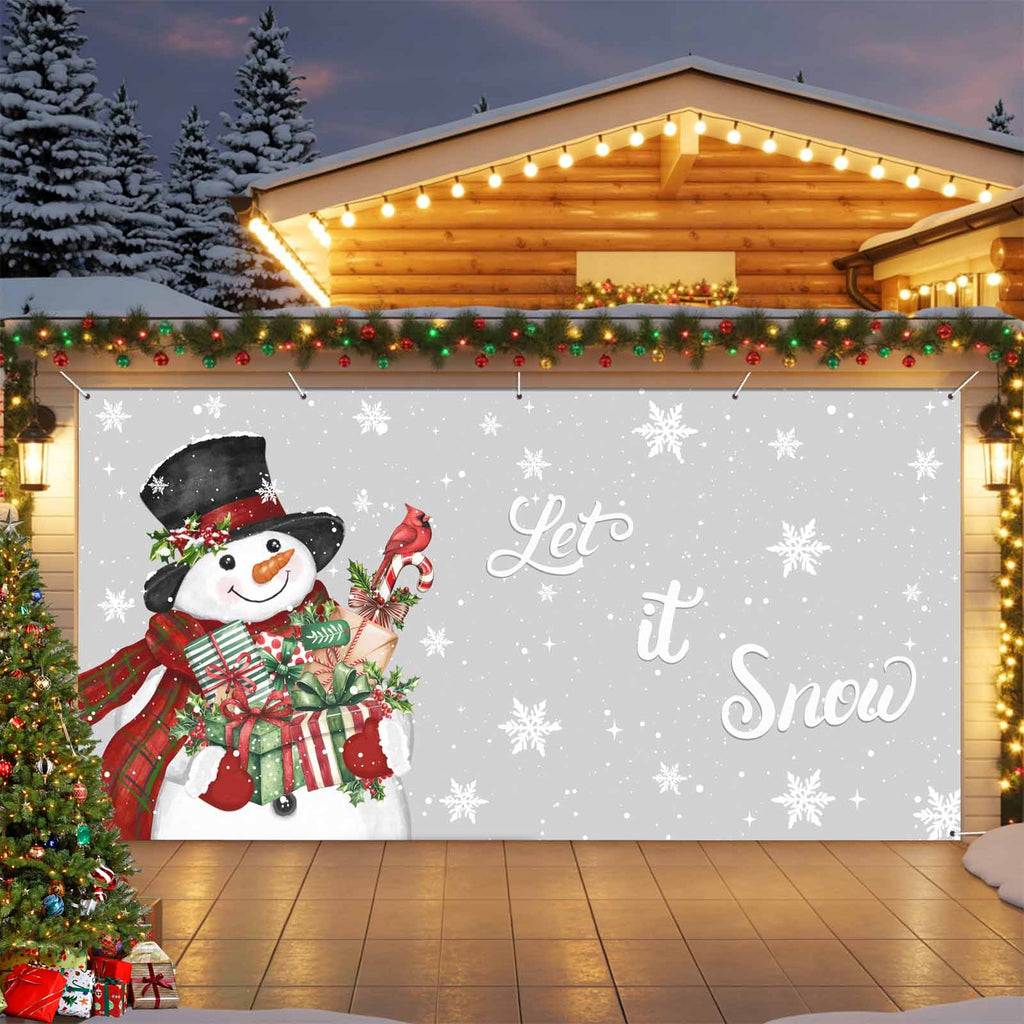 Fsddascl 7 x 16 Ft Christmas Garage Door Cover, Black Christmas Tree Large Garage Door Banner, Xmas Snowflake Green Golden Hanging Garage Mural Background for Indoor Outdoor Xmas Party Supplies