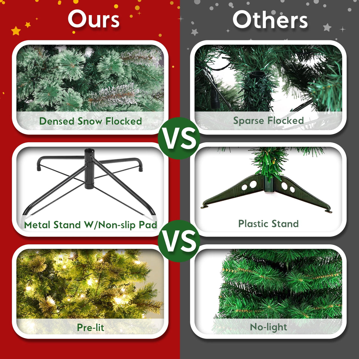 TLSUNNY 8ft Pre-lit Artificial Christmas Tree, W/ 1000 Branche Tips, 450 LED Warm Lights, Fluffy Snow Flocked Pine Tree, Metal Stand Hinged Xmas Tree for Party Holiday Decor