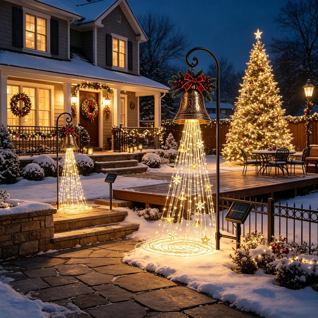 Luckky Santa’s Flying Sleigh Gift Cascade Solar Christmas Garden Light,Warm Golden Cascading LED Lights with Falling Gifts & Star,Solar Powered Outdoor Holiday Decor for Lawn,Pathway & Yard