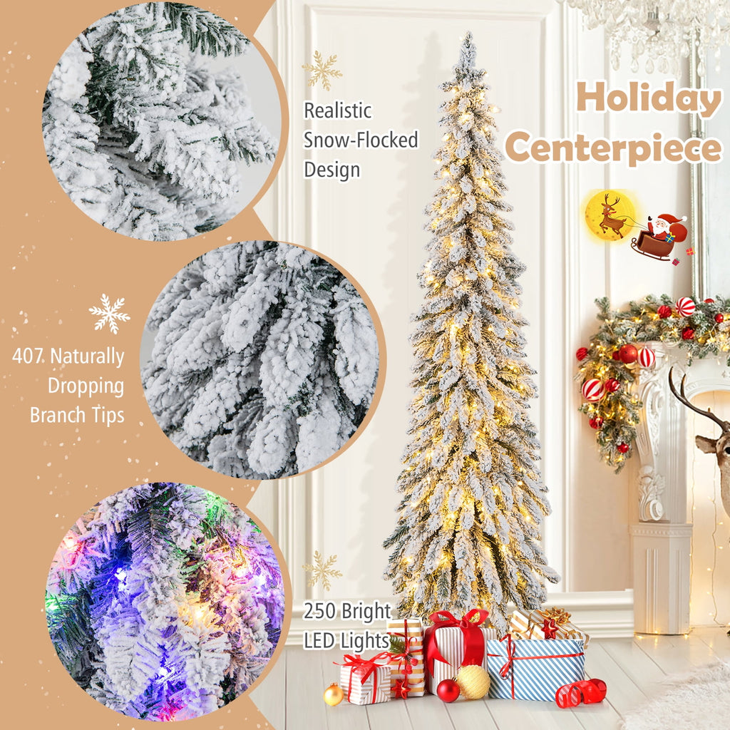 Topbuy 4FT Pre-lit Artificial Christmas Tree Snow-flocked Xmas Pencil Tree with 225 Branch Tips 100 LED Lights 2 Lighting Colors