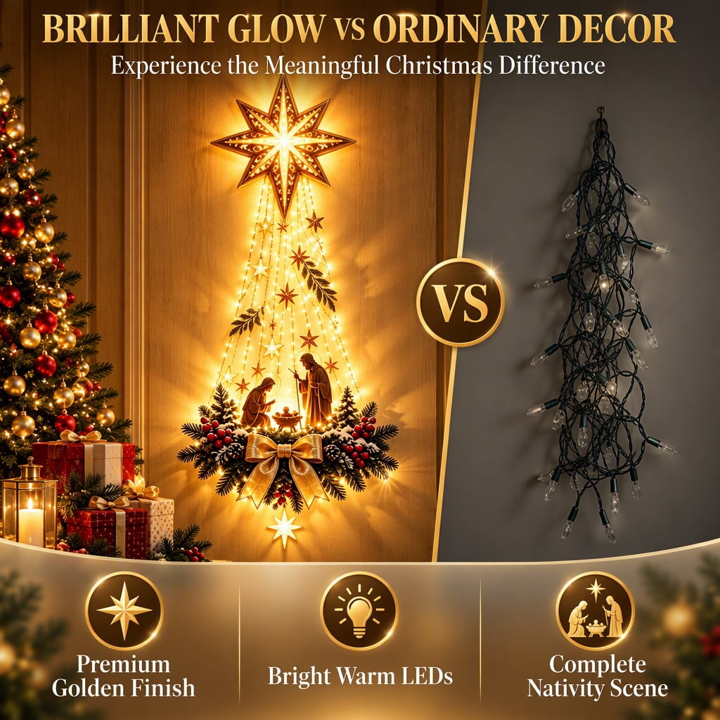 Bethlehem Star of Faith Lighted Nativity Wall Decor, Warm LED Christmas Hanging, Gold, Indoor Outdoor, Meaningful Holiday Gift B