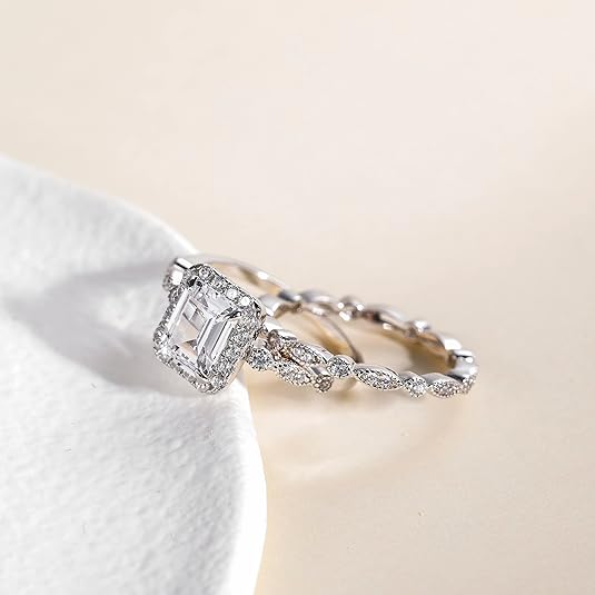 Divine Creation 2.40 Ct Emerald Cut White Diamond Engagement Wedding Thanksgiving Christmas Bridal Ring Set 14K White Gold Plated 925 Sterling Silver For Women's -4.5