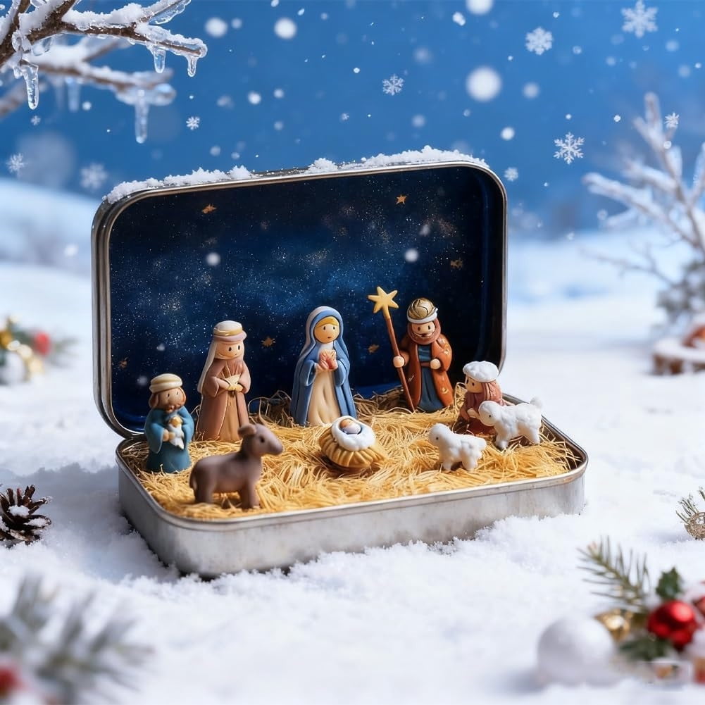 Mini Christmas Nativity Set in Tin Box | Christmas Decor Gift for Family | Portable Pocket Nativity Scene for Travel Home Office Desk |Christmas Christian Decoration Indoor for Home Gifts Decor
