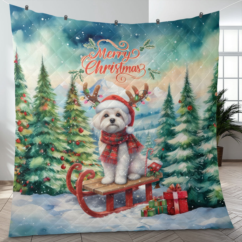 Merry Christmas Santa Reindeer Antlers French Bulldog Sleigh Xmas Winter Holiday Quilt Bedding Set Dog Lover Gifts 1 Blanket Bed Cover 2 Pillowcases - 00023