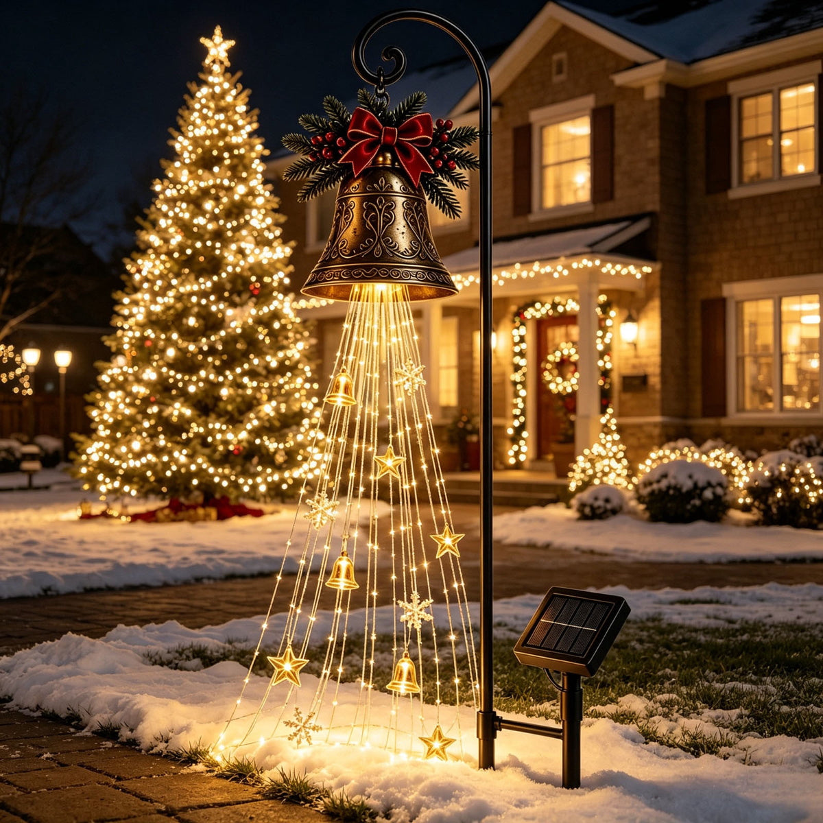 Luckky Santa’s Flying Sleigh Gift Cascade Solar Christmas Garden Light,Warm Golden Cascading LED Lights with Falling Gifts & Star,Solar Powered Outdoor Holiday Decor for Lawn,Pathway & Yard