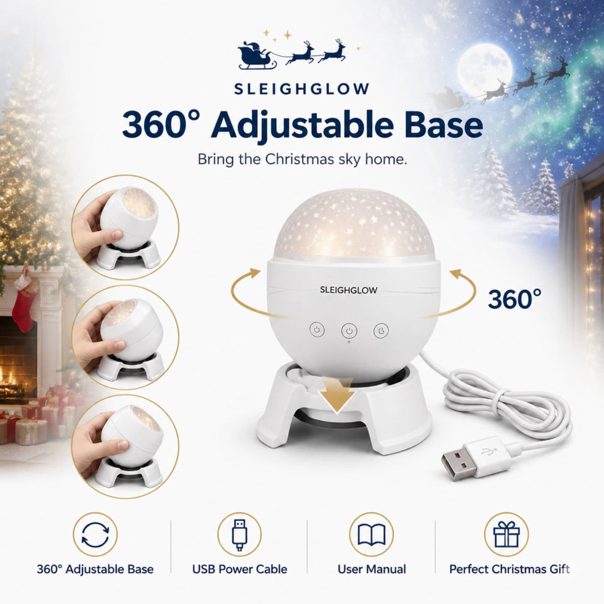 Magical Christmas Projection Night Light, USB Powered Holiday Projector with Festive Wall and Ceiling Effects for Bedroom, Living Room and Christmas Party Ambiance