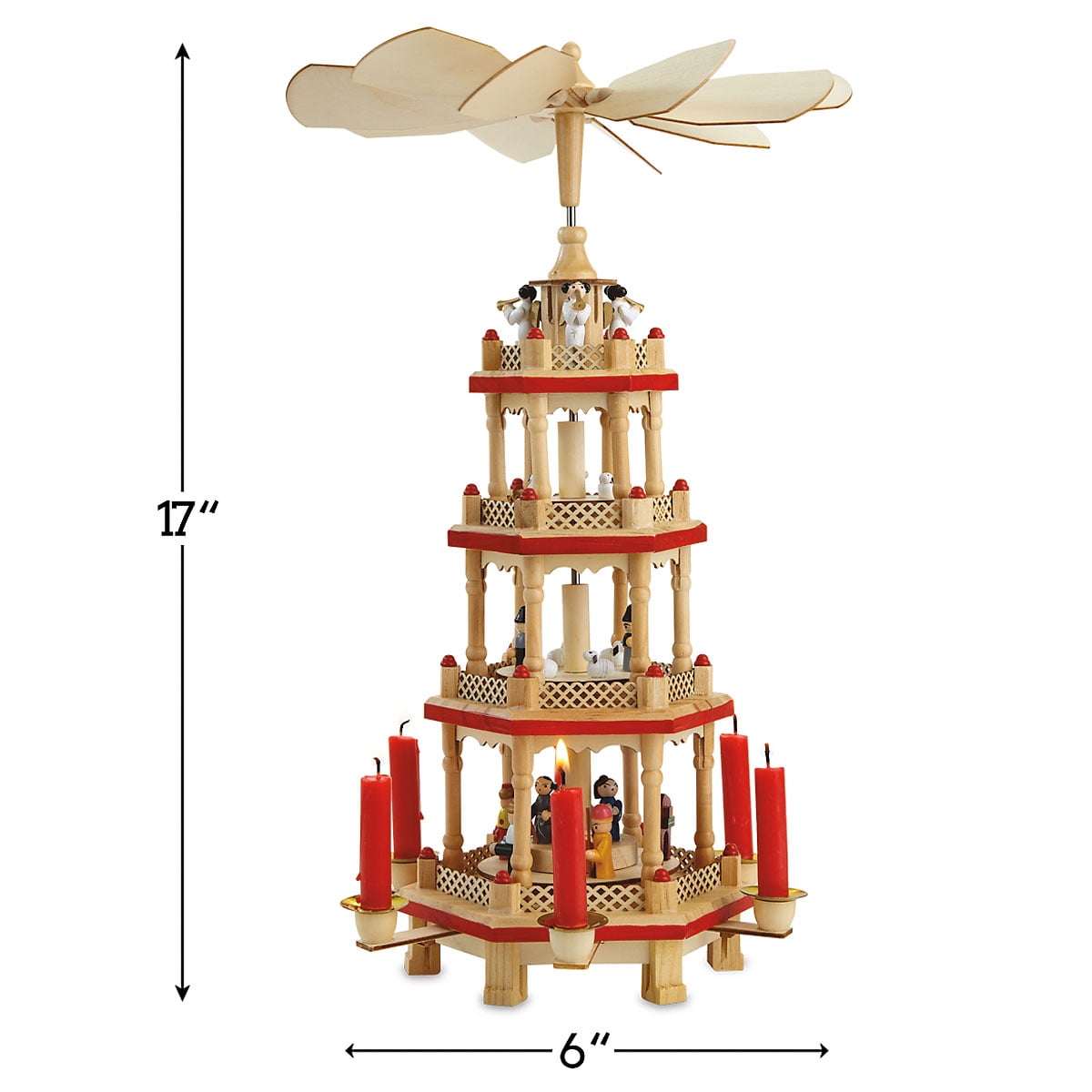 German Christmas Pyramid, 17.5" Tabletop Nativity with Candle Holders, Holiday Decor, Brown