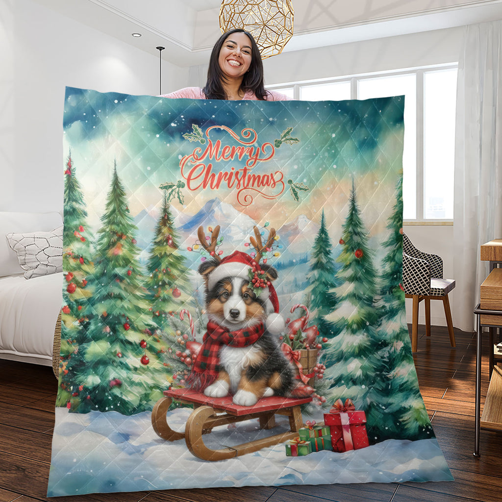 Merry Christmas Santa Reindeer Antlers French Bulldog Sleigh Xmas Winter Holiday Quilt Bedding Set Dog Lover Gifts 1 Blanket Bed Cover 2 Pillowcases - 00023