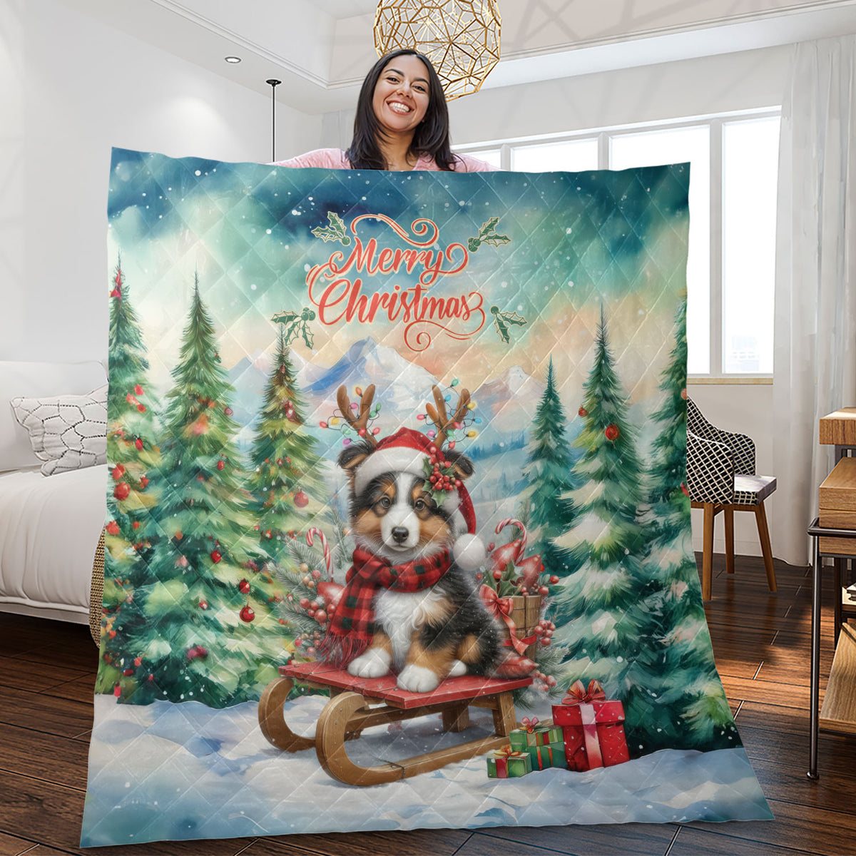 Merry Christmas Santa Reindeer Antlers French Bulldog Sleigh Xmas Winter Holiday Quilt Bedding Set Dog Lover Gifts 1 Blanket Bed Cover 2 Pillowcases - 00023