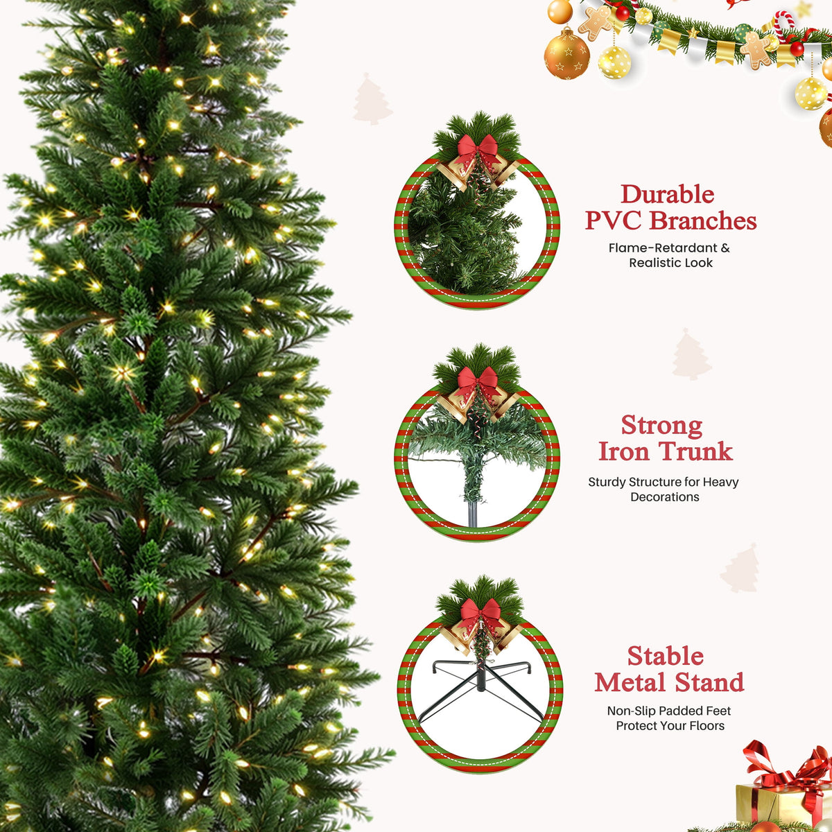 edx 6ft Pre-lit Pencil Christmas Tree, Green Artificial Spruce Slim Christmas Trees, With 250 LED Lights, 571 Branch Tips & Foldable Base, For Home, Office, Party Decoration