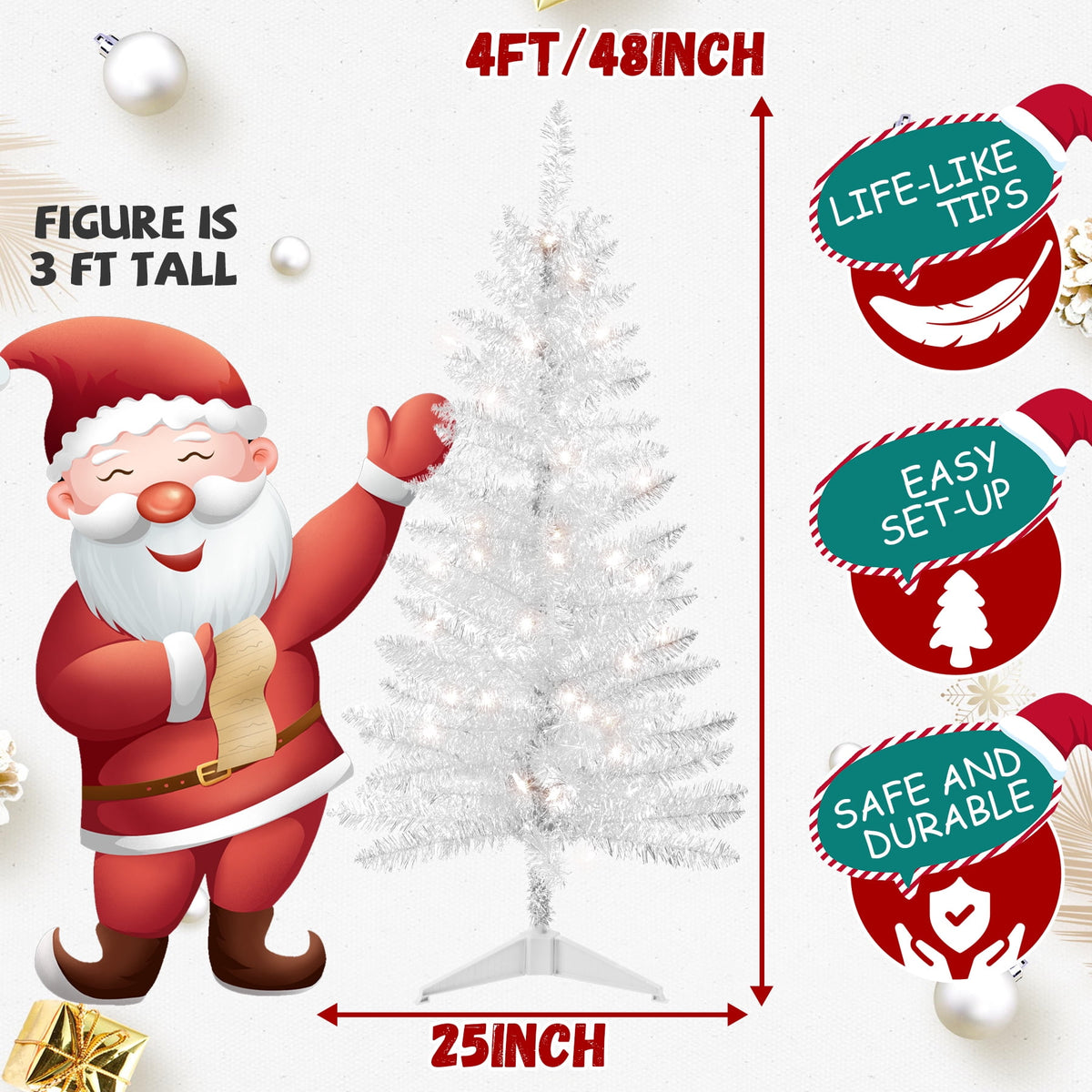 Bringstar 4FT Silver Artificial Christmas Tree with 50 String Lights, Mini Tinsel Tree, Not Pre-Lit, for Halloween & Holiday Home & Office Décor