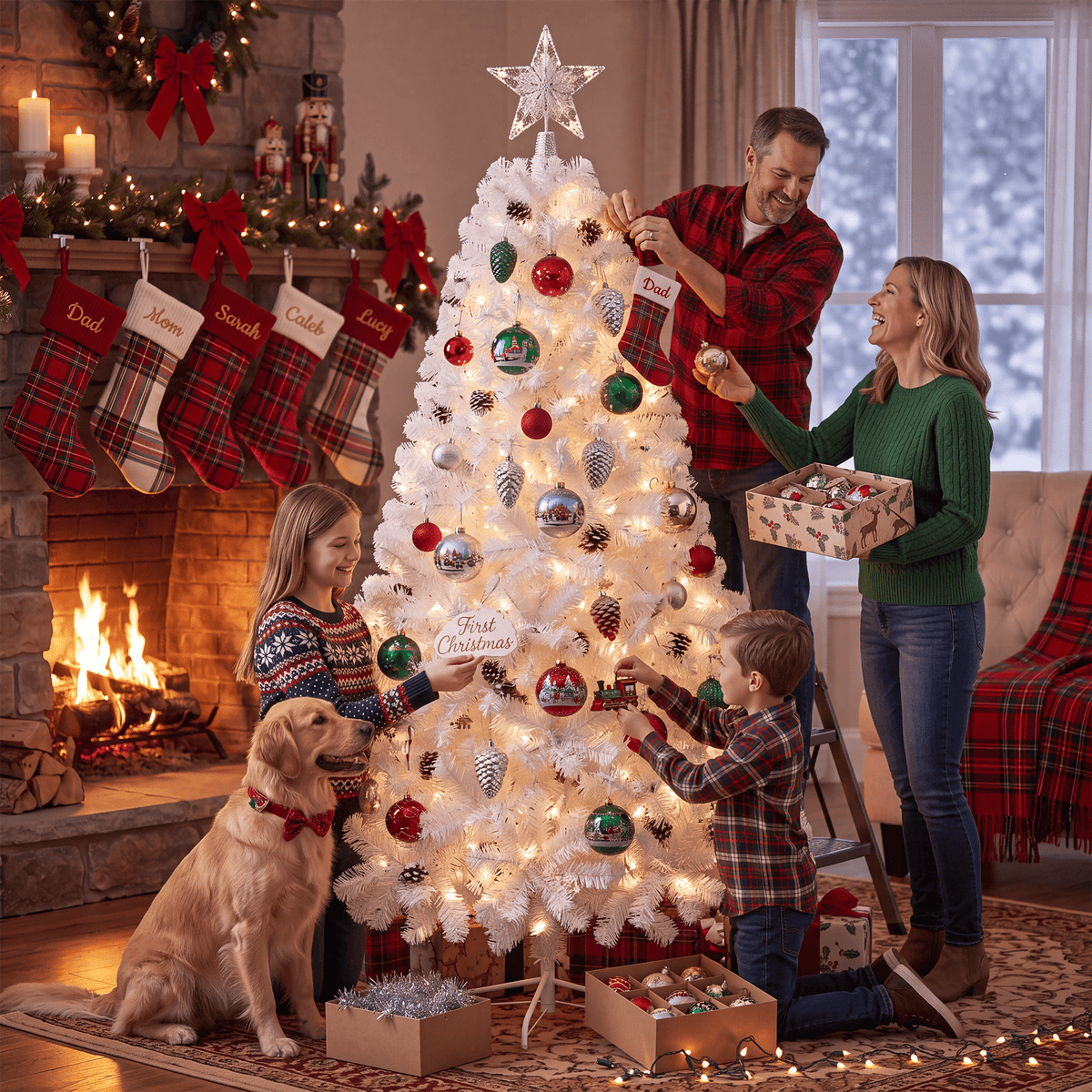 Yexmas Pre-Lit Artificial Christmas Tree,6ft White Christmas Tree with 300 Warm White & Multicolor Lights,Xmas Tree for Home, Holiday Party Decorations