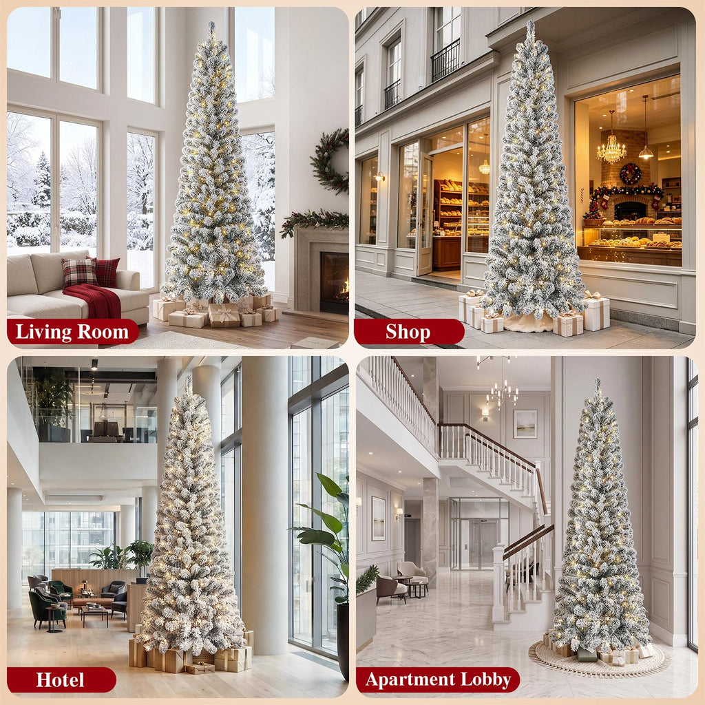Goosiay 6ft Snow Flocked Pencil Christmas Tree, Pre-Lit Artificial Christmas Tree with 500 Tips, 250 Warm White & Multicolor Lights, 10 Modes, Slim Xmas Tree with Stand
