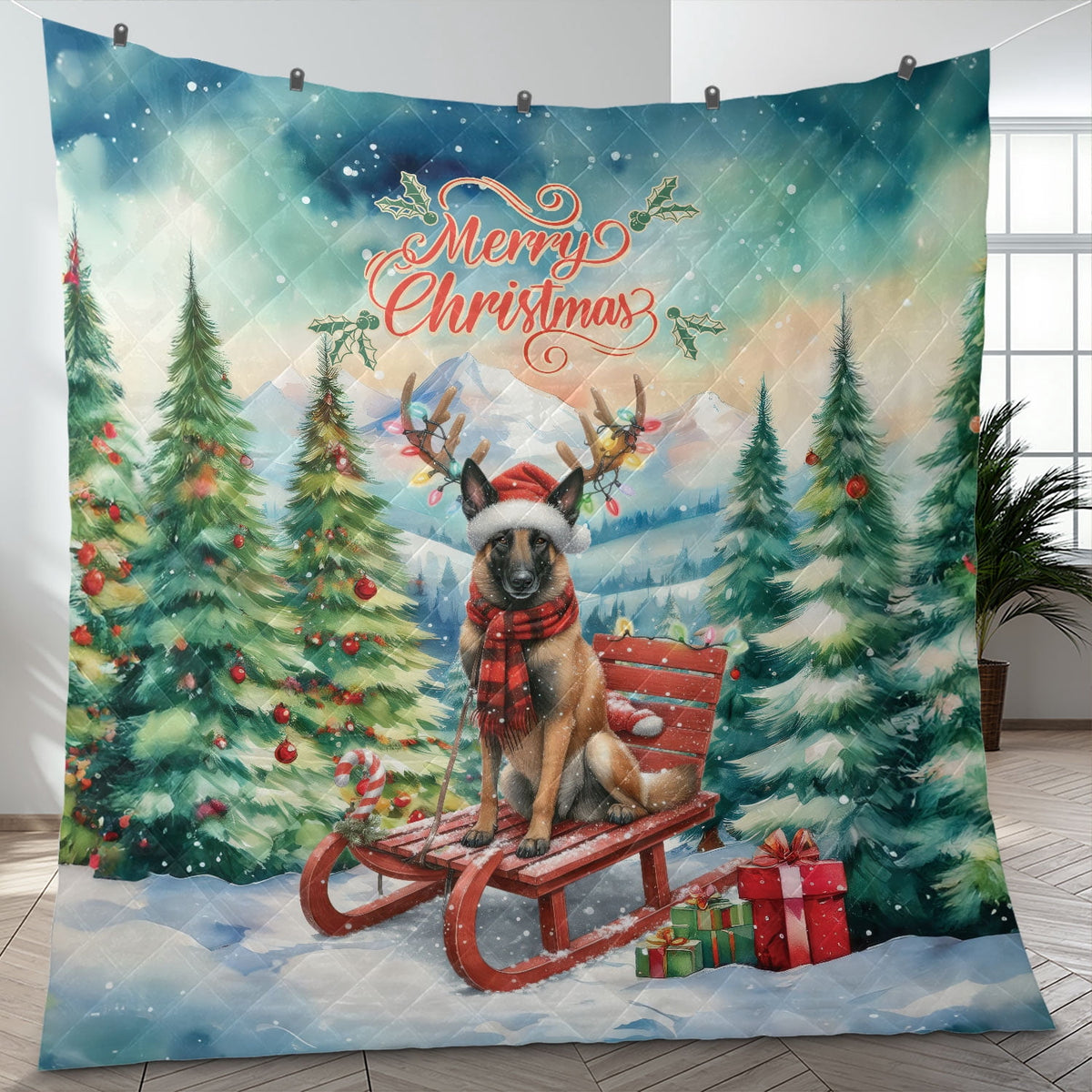 Merry Christmas Santa Reindeer Antlers French Bulldog Sleigh Xmas Winter Holiday Quilt Bedding Set Dog Lover Gifts 1 Blanket Bed Cover 2 Pillowcases - 00023