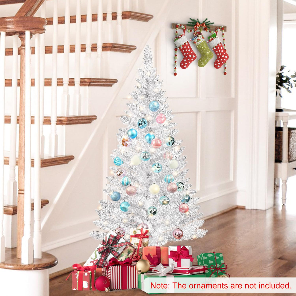 Bringstar 4FT Silver Artificial Christmas Tree with 50 String Lights, Mini Tinsel Tree, Not Pre-Lit, for Halloween & Holiday Home & Office Décor