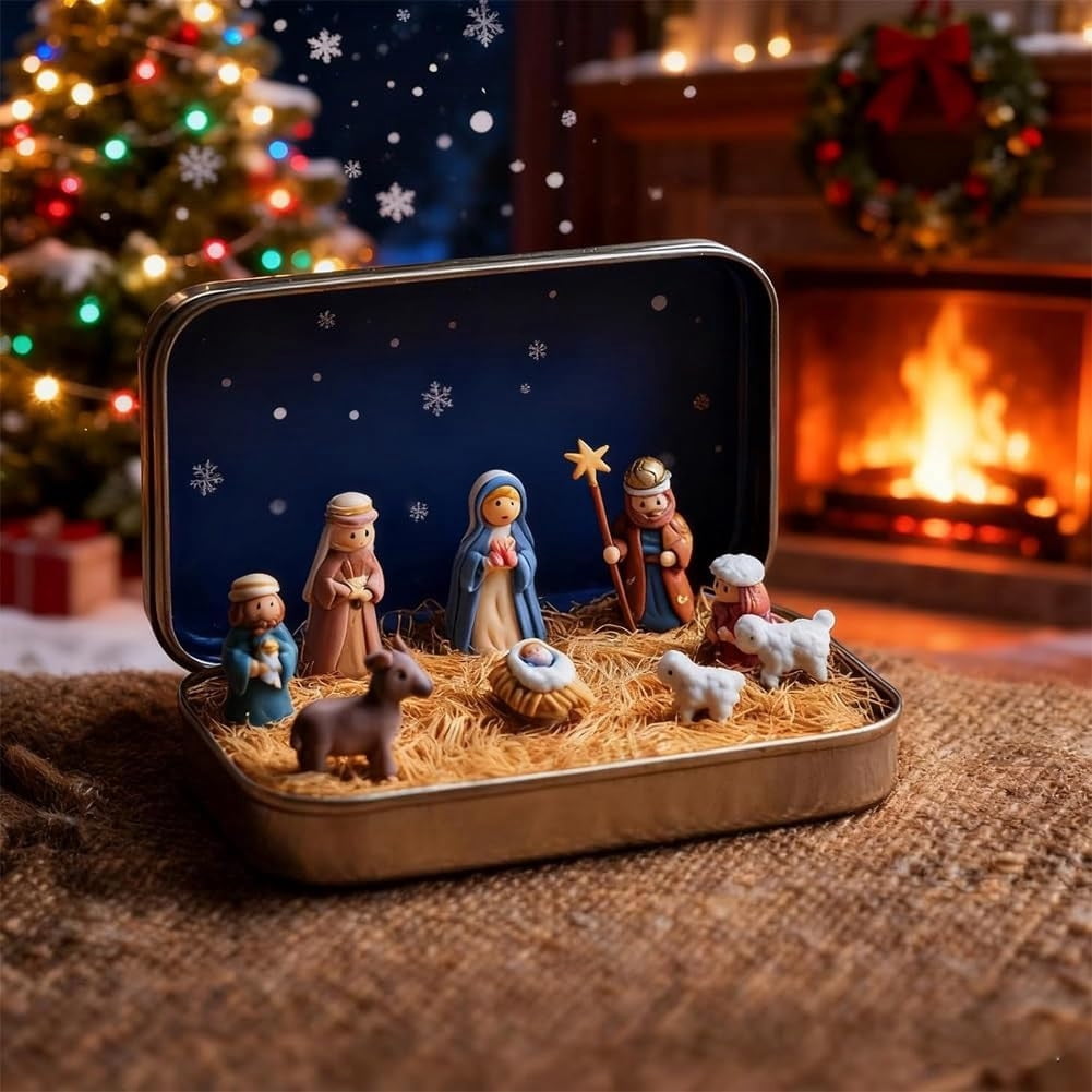 Mini Christmas Nativity Set in a Tin Box,Nativity Sets & Figures,Handcrafted Pocket Bethlehem Scene,Portable Holy Family Display, Small Religious Ornament, for Desk, Shelf,Office