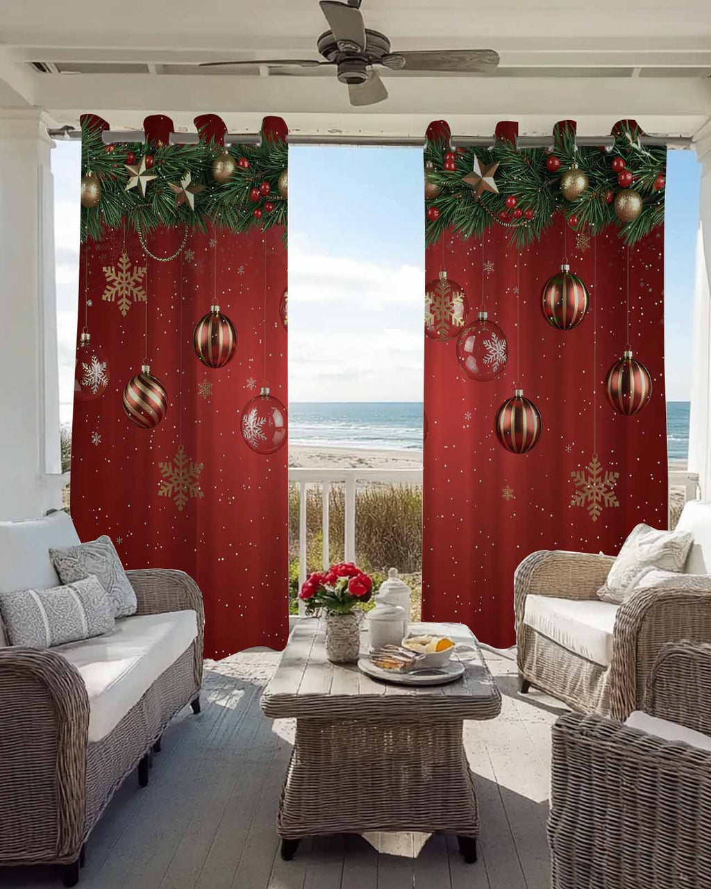 Christmas Blackout Curtains 84 Inches Long, Red Xmas Balls Pine Branches Snowflakes Winter Thermal Insulated Black Out Curtains, Darkening Window Curtain for Bedroom Living Room 52"x84" 2 Panels