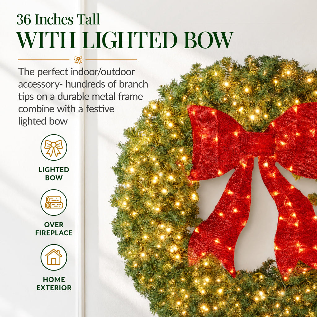 Best Choice Products 48in Artificial Pre-Lit Fir Christmas Wreath Decor w/ Red Bow, 250 LED Lights, 714 Tips, Plug-In