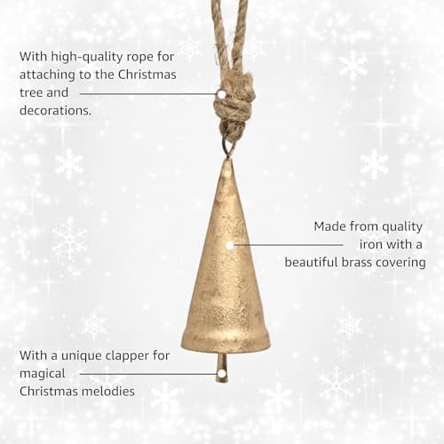 Christmas Bells for Decoration –Set of 6 Rustic Cow Bells for Hanging with Jute Rope – Gold Bells for Crafts - Tree Decoration Ornaments