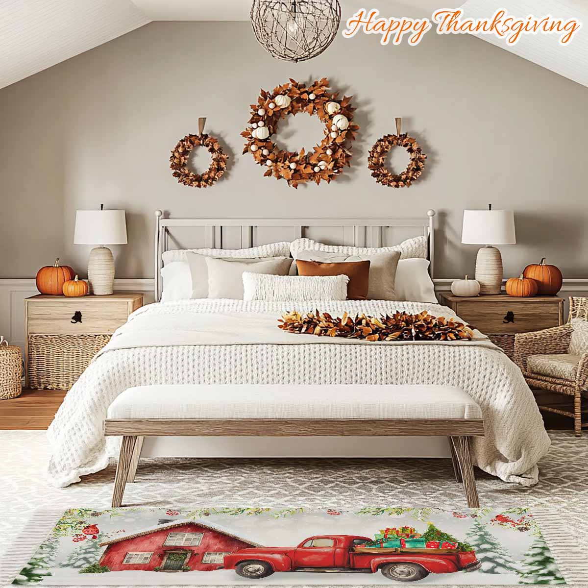Christmas Truck Large Area Rug 4x6ft Woven Runner Rug,Xmas Trees Red Birds Snowflake Winter Gift Living Room Bedroom Kitchen Bathroom Classroom Carpet with Tassels,Indoor Outdoor Throw Door Mat