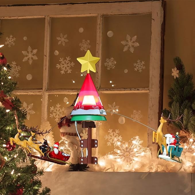 LAMPHOME Animated Christmas Tree Topper, Lighted Star Rotating Tree Top with Music, Santa Claus on Airplane & Deer Pulling Sled Design, Funny Christmas Tree Decoration