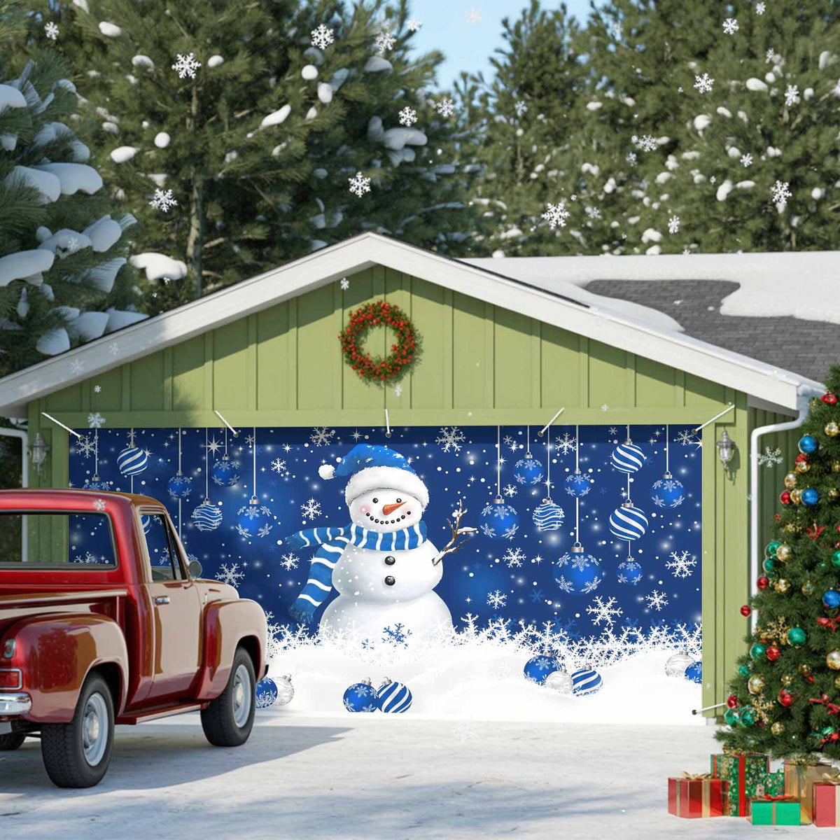 Fsddascl 7 x 16 Ft Christmas Garage Door Cover, Black Christmas Tree Large Garage Door Banner, Xmas Snowflake Green Golden Hanging Garage Mural Background for Indoor Outdoor Xmas Party Supplies
