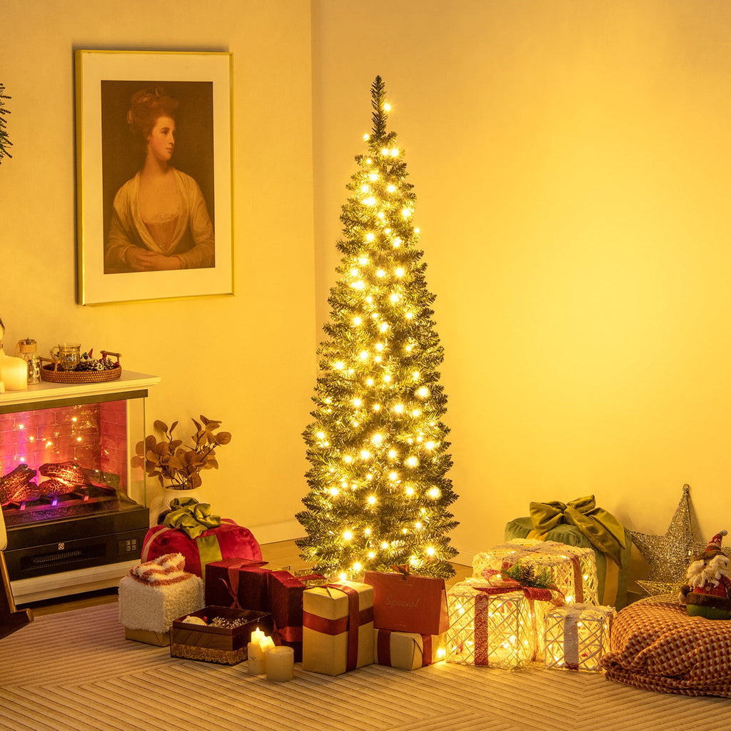 Gymax 9 FT Pre-Lit Artificial Christmas Tree Realistic Slim Pencil Xmas Tree