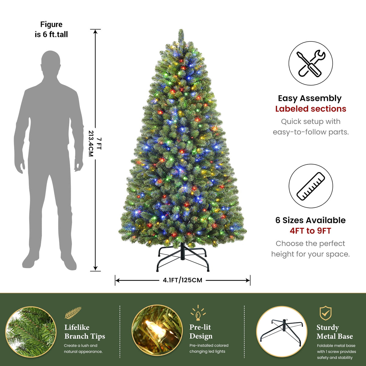 Lolsea 4.5ft Prelit Artificial Christmas Tree w/ Remote Control and Warm White & Color Changing Lights