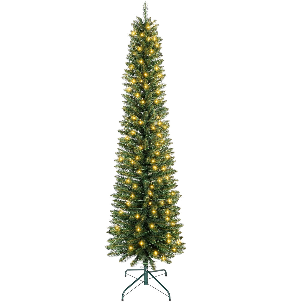 Makeatree 6 ft Pre-Lit Pencil Christmas Tree, Green Slim Skinny Spruce Xmas tree Holiday Decoration with 150 LED Lights, Metal Hinges & Foldable Base