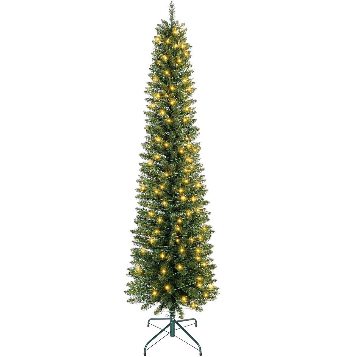 Makeatree 6 ft Pre-Lit Pencil Christmas Tree, Green Slim Skinny Spruce Xmas tree Holiday Decoration with 150 LED Lights, Metal Hinges & Foldable Base