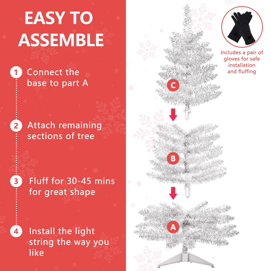 Bringstar 4FT Silver Artificial Christmas Tree with 50 String Lights, Mini Tinsel Tree, Not Pre-Lit, for Halloween & Holiday Home & Office Décor