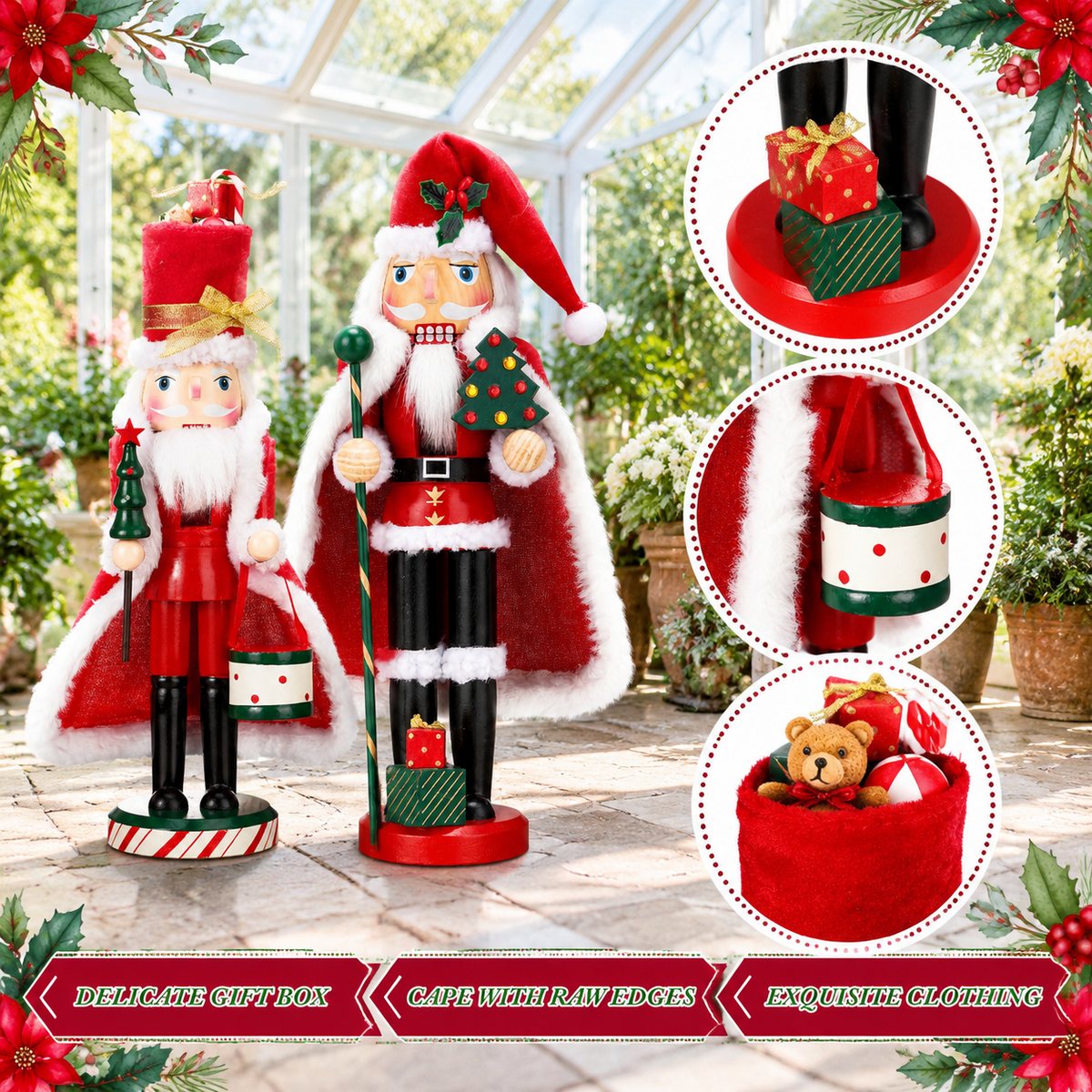 Set of 2 Wooden Christmas Nutcracker Figures, 14 Inch Santa Themed Holiday Decor