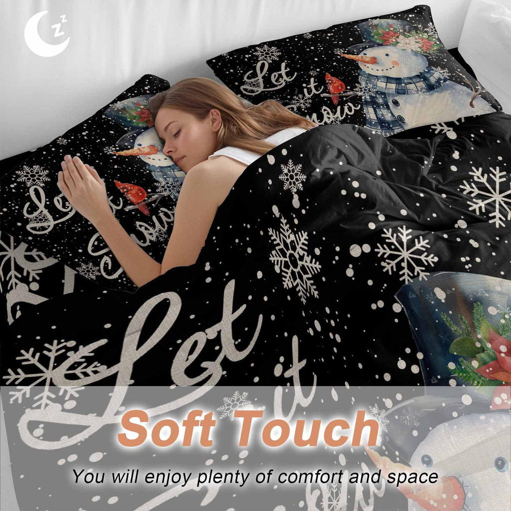 Christmas Watercolor Bedding Duvet Cover Set Queen Size 4 Pieces Snowman Snowflakes Black Vintage Bedding Set with Zipper Closure, 1 Comforter Cover 90x90 Inches 1 Flat Sheet & 2 Pillow Cases