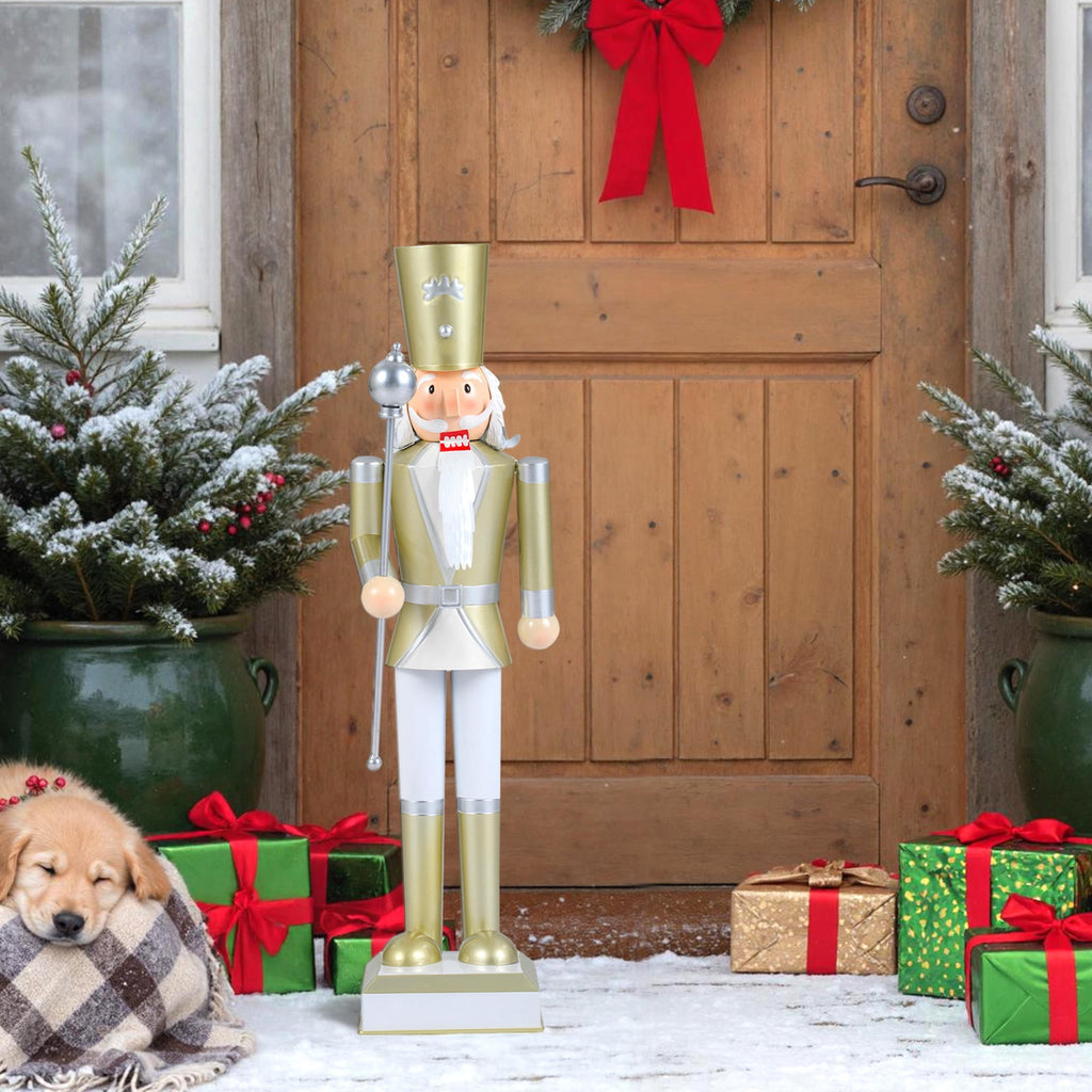 32.5 Inch Christmas Nutcracker Figure With High Hat and Scepter, White and Golden Holiday Home Decor