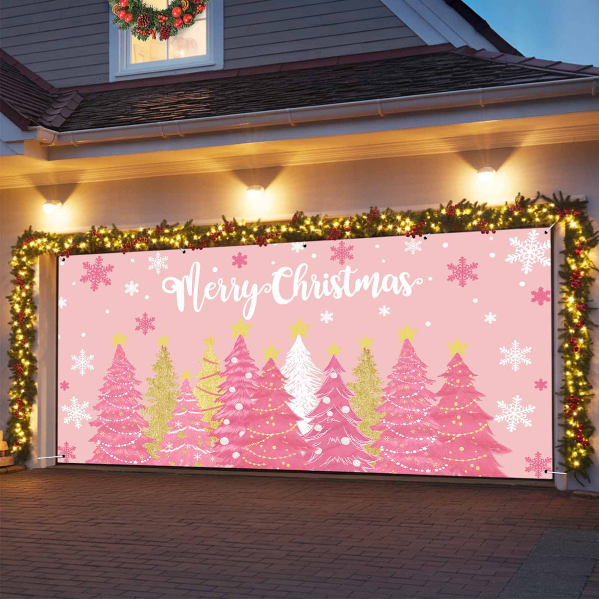 Fsddascl 7 x 16 Ft Christmas Garage Door Cover, Black Christmas Tree Large Garage Door Banner, Xmas Snowflake Green Golden Hanging Garage Mural Background for Indoor Outdoor Xmas Party Supplies