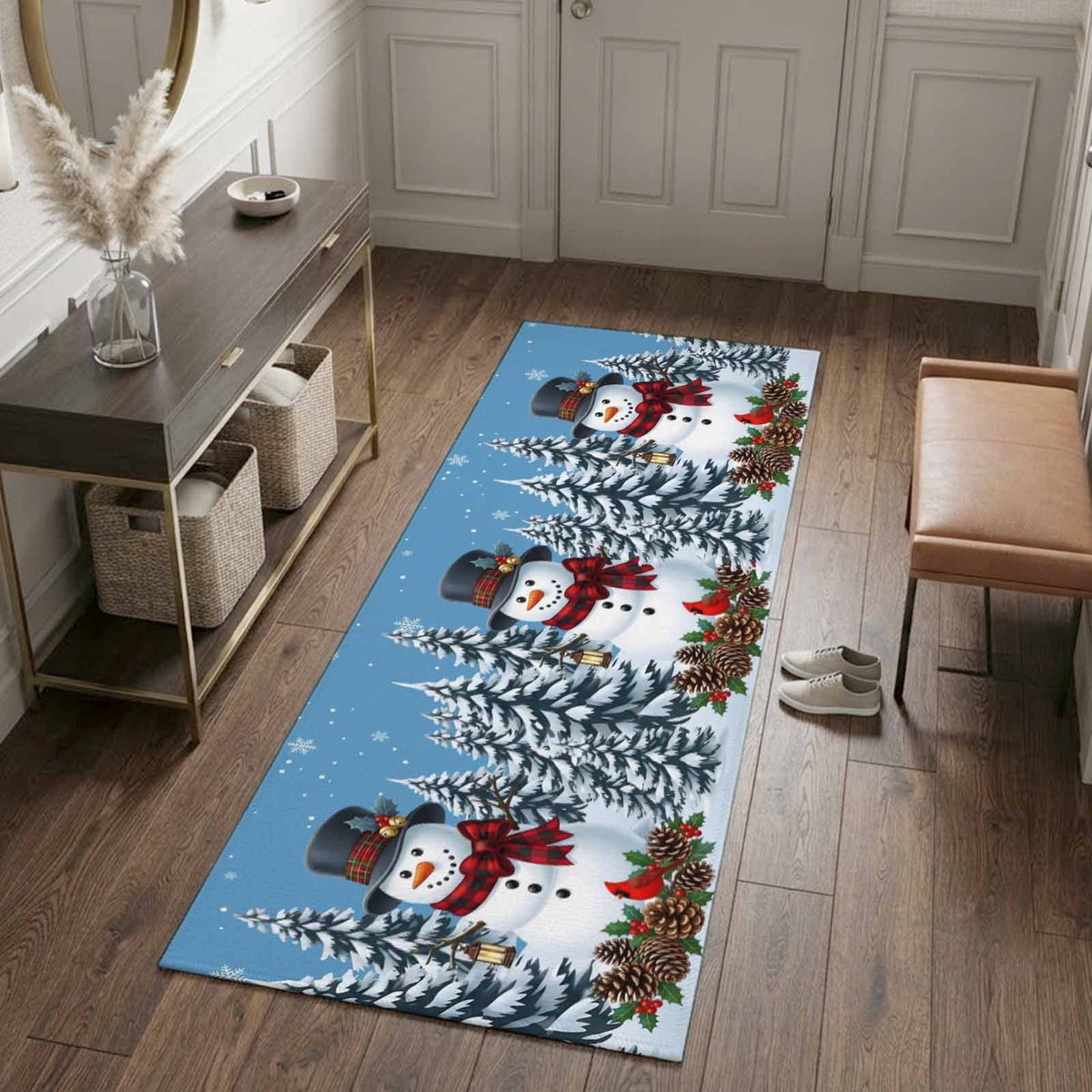 5x7 Area Rugs, Light Blue Snowman Christmas Non-Skid Rubber Backing Large Rectangle Rugs - Living Room Bedroom Home Office, Xmas Pinecone Tree Snowflake Indoor Floor Mat Carpets Washable Rug
