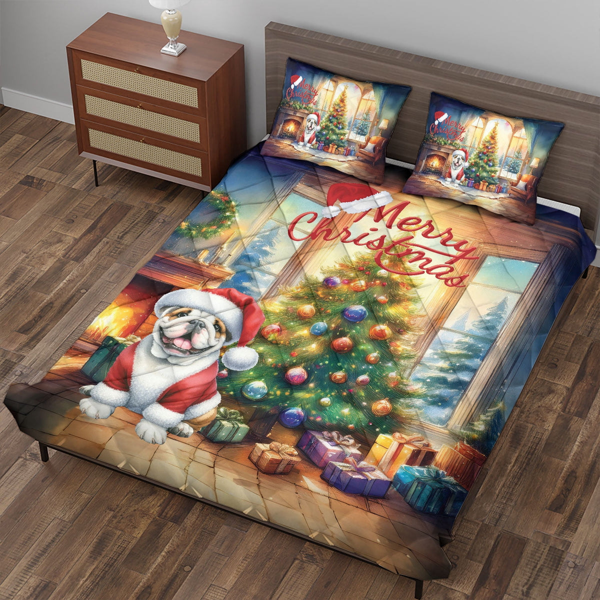 Merry Christmas French Bulldog Santa Hat Xmas Tree Winter Holiday Quilt Bedding Set Dog Lover Gifts 1 Blanket Bed Cover 2 Pillowcases - 01013