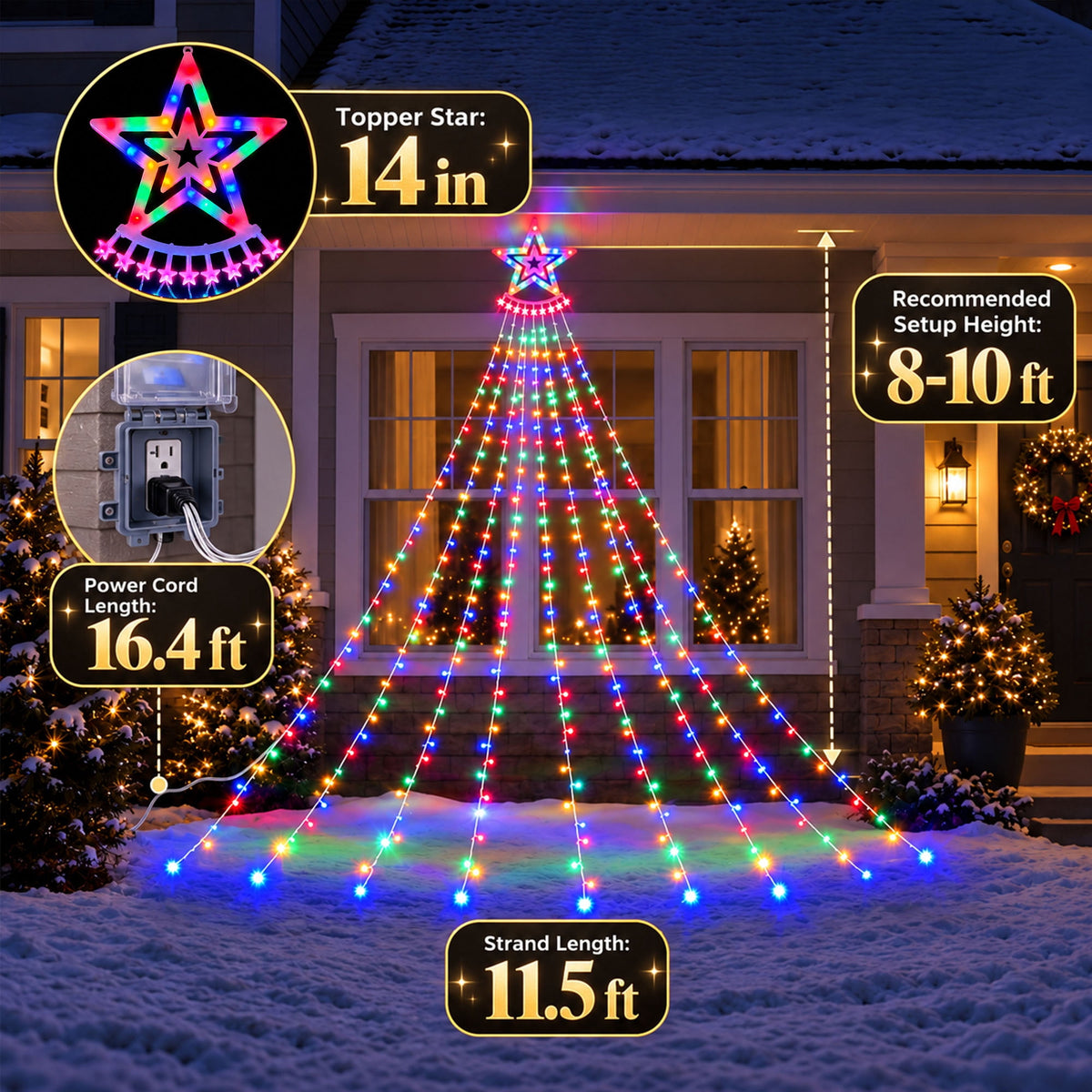 Qunler Outdoor Christmas Decoration Lights, 8 Modes & 350 LED Christmas Waterfall Fairy Tree String Lights Indoor Outdoor Holiday Lighting Decorations, Multicolor, Plug-in
